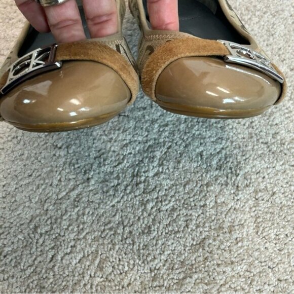 Calvin Klein Paulett camel Tan brown monogram logo patent canvas ballet flats 9 - Picture 5 of 10